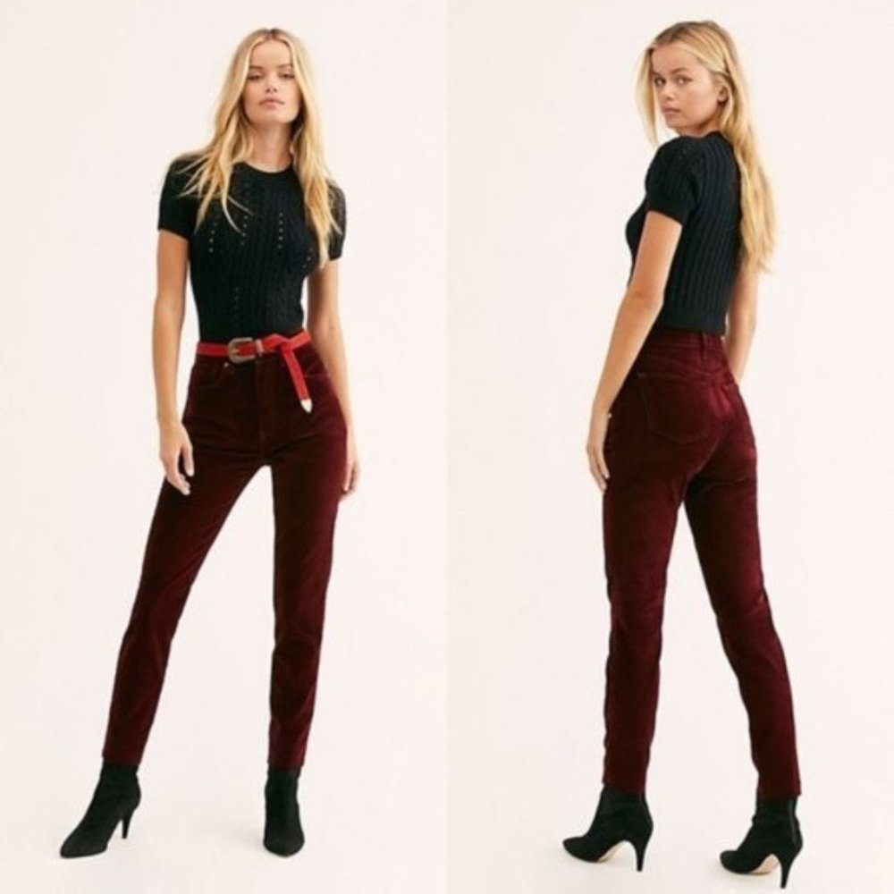 New Free People Stella Velvet Skinny Jean Size 24 Maroon NWOT